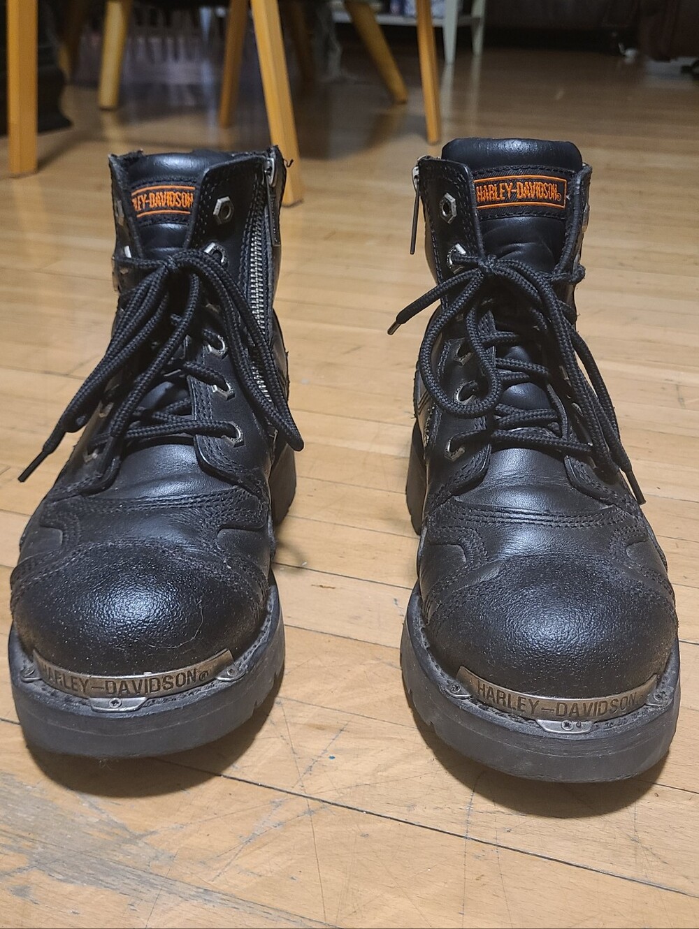 Harley-Davidson Black Leather Lace-Up Motorcycle Boots with Orange Logo
